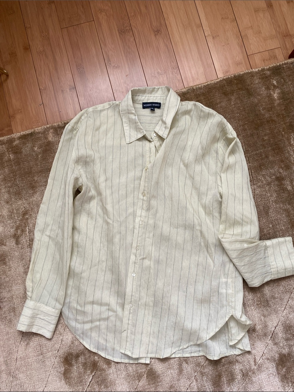 Modern Works yellow linen with grey strips button down shirt